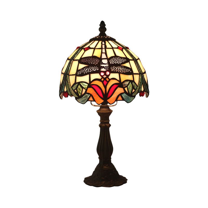 Victorian Dragonfly And Floral Patterned Table Lamp - Stained Glass Red/Orange Dome Shade With