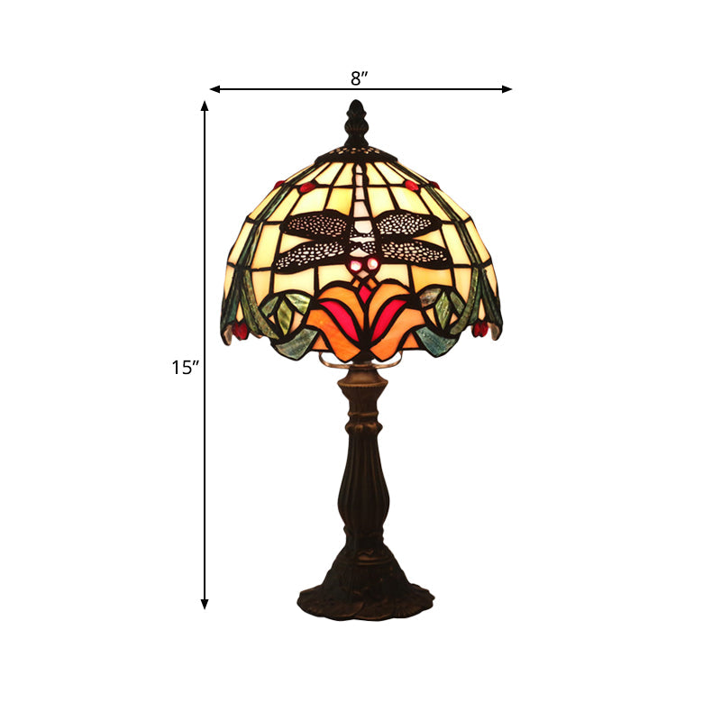 Victorian Dragonfly And Floral Patterned Table Lamp - Stained Glass Red/Orange Dome Shade With