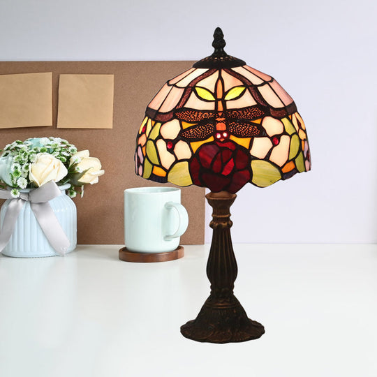 Victorian Dragonfly And Floral Patterned Table Lamp - Stained Glass Red/Orange Dome Shade With