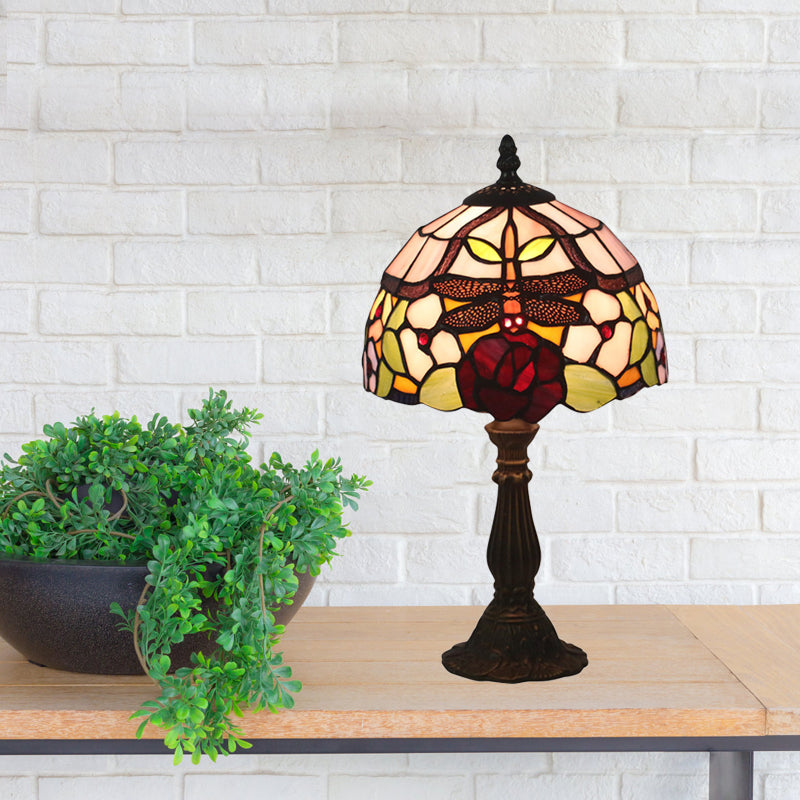 Victorian Dragonfly And Floral Patterned Table Lamp - Stained Glass Red/Orange Dome Shade With