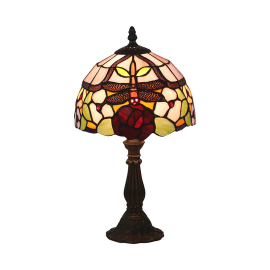 Victorian Dragonfly And Floral Patterned Table Lamp - Stained Glass Red/Orange Dome Shade With