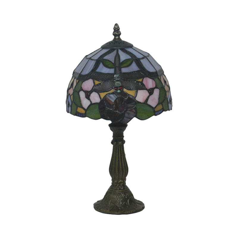 Victorian Dragonfly And Floral Patterned Table Lamp - Stained Glass Red/Orange Dome Shade With