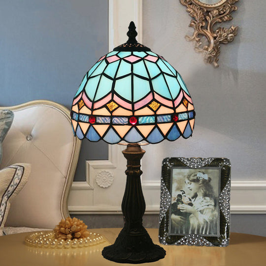 Tiffany Art Glass Night Lamp - Bowl Shaped Stained Table Lighting In Yellow/Blue