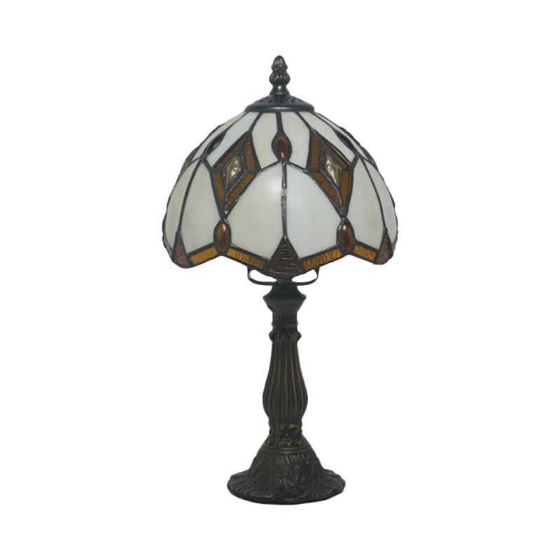 Mediterranean Bronze Domed Desk Lamp With Beige Glass And Rhombus Patterned Night Light