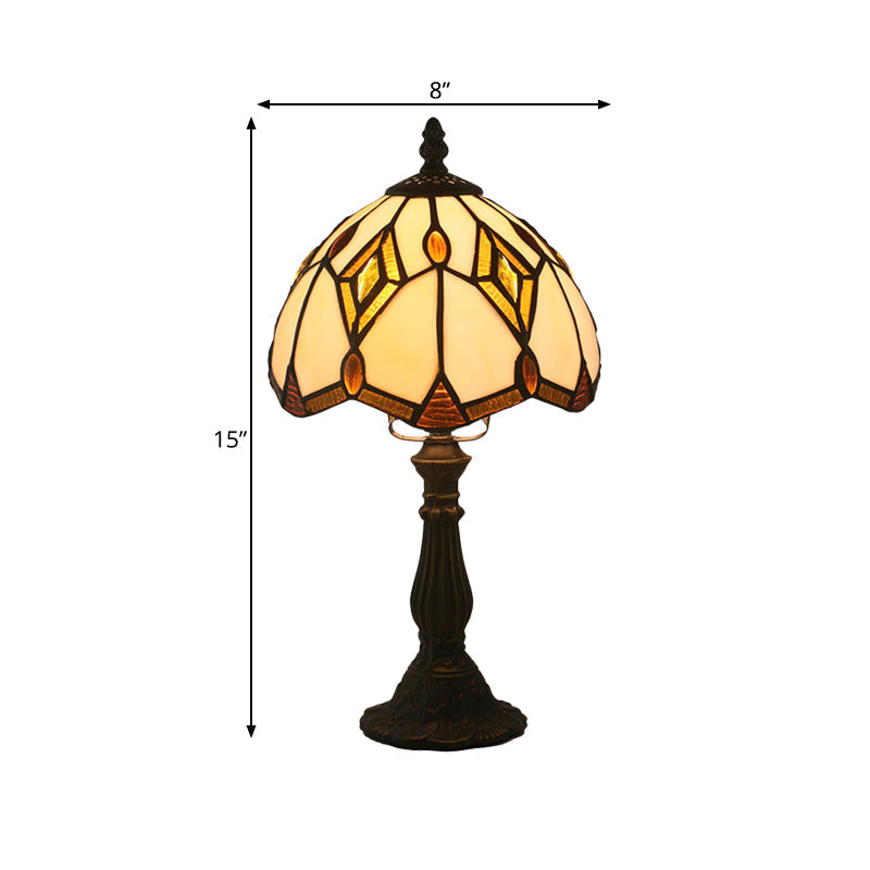 Mediterranean Bronze Domed Desk Lamp With Beige Glass And Rhombus Patterned Night Light