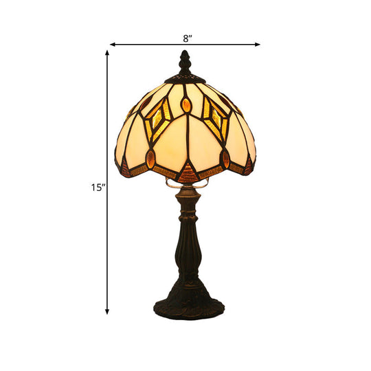 Mediterranean Bronze Domed Desk Lamp With Beige Glass And Rhombus Patterned Night Light