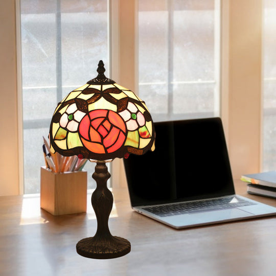 Victorian Rose Patterned 1 Head Desk Lamp In Bronze With Cut Glass Dome Shade