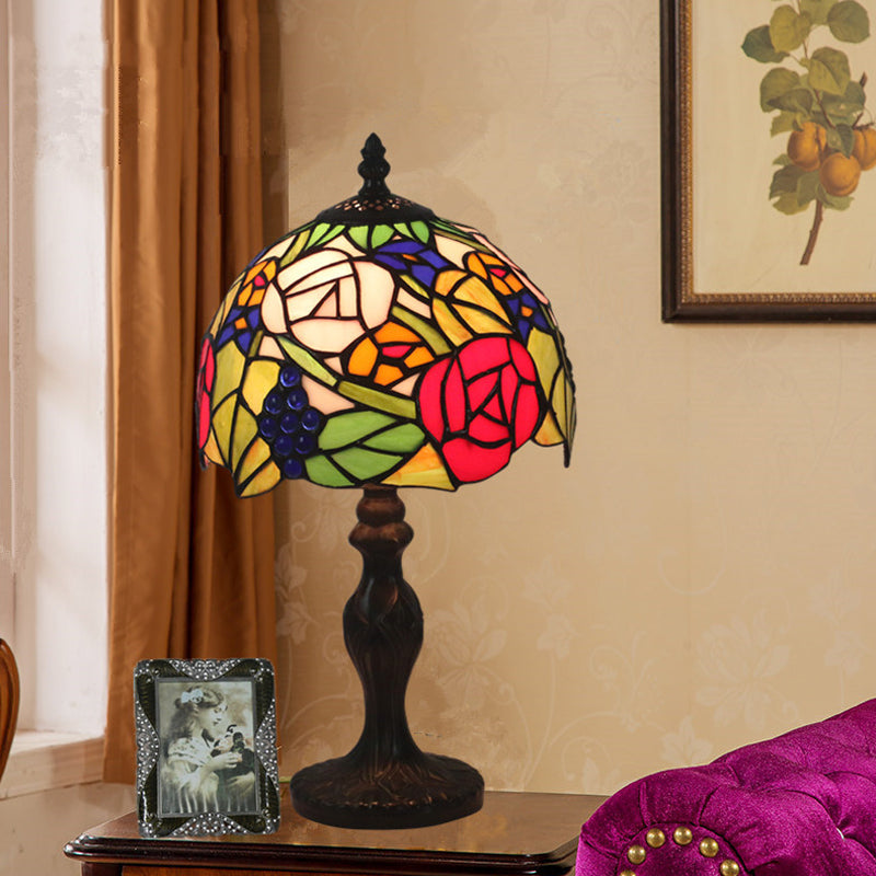 Tiffany Style 1-Light Bronze Stained Glass Night Lamp With Rose Pattern