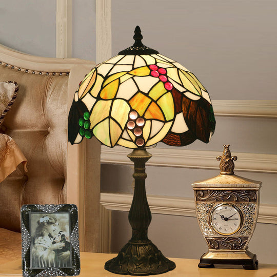 Tiffany Style Stained Glass Desk Light With Bronze Leaf And Fruit Pattern - Bowl Shape 1-Head Night