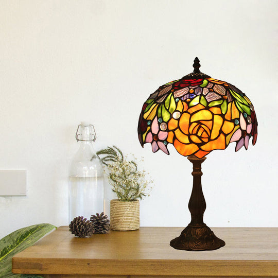 Bronze Night Light Rose: Stained Glass Table Lamp With Baroque Style - Bedroom Lighting