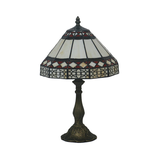 Julie - Bronze 1 Light Task Lighting Mission Conical Stained Art Glass Diamond Patterned Night Table Lamp in Bronze