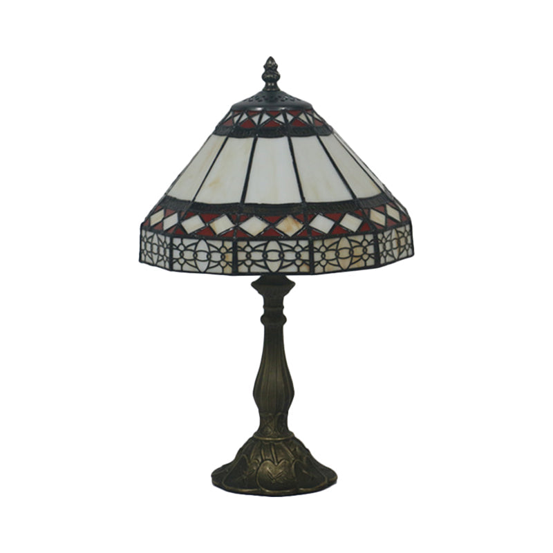 Bronze Mission Conical Stained Art Glass Night Table Lamp With 1 Light & Diamond Pattern