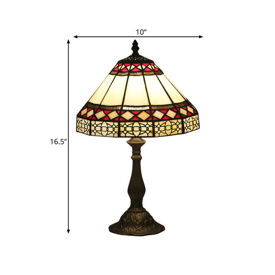 Bronze Mission Conical Stained Art Glass Night Table Lamp With 1 Light & Diamond Pattern