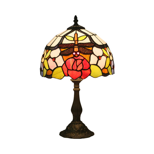 Bronze Domed Task Lighting - Mediterranean Art Glass Table Lamp With Rose And Dragonfly Pattern