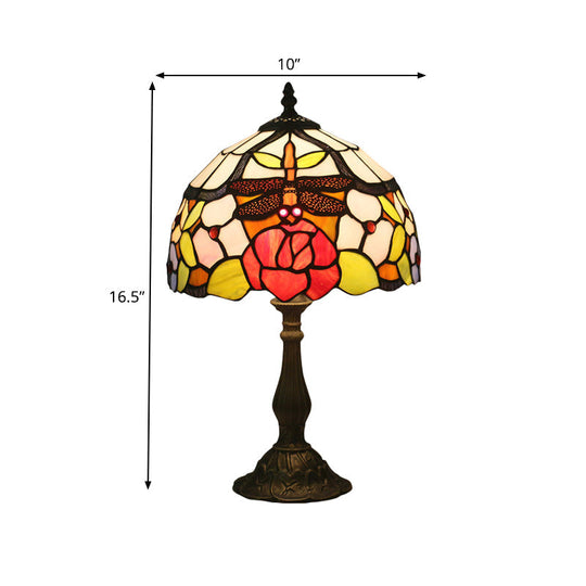 Bronze Domed Task Lighting - Mediterranean Art Glass Table Lamp With Rose And Dragonfly Pattern