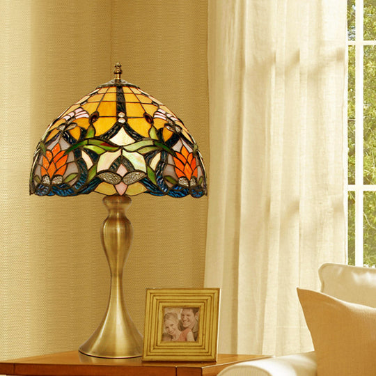 Brushed Brass Nightstand Table Lamp With Tiffany Floral Glass Bowl Shade