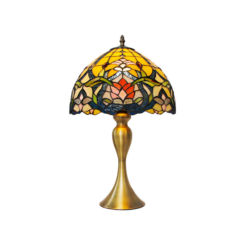 Homam - Brushed Brushed Brass 1 Head Nightstand Light Tiffany Floral Glass Bowl Shade Table Lamp