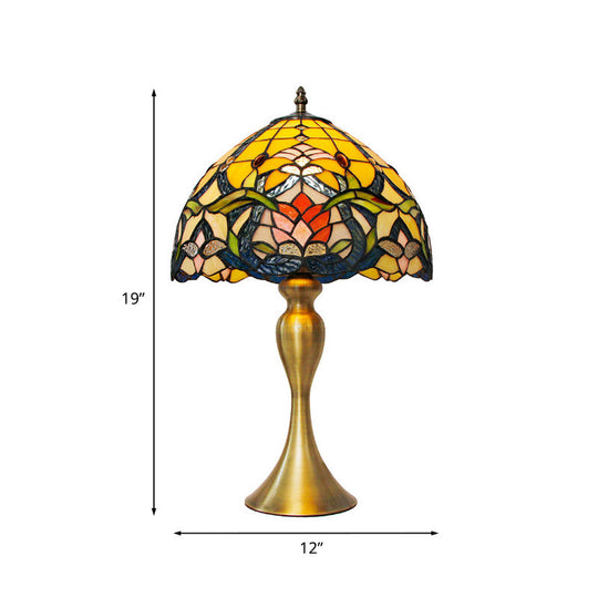 Homam - Brushed Brushed Brass 1 Head Nightstand Light Tiffany Floral Glass Bowl Shade Table Lamp