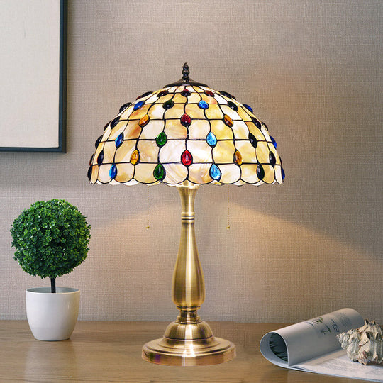 Altais - Gold Jewel-Embedded Grid Table Light Tiffany Shell 2 Bulbs Gold Pull Chain Nightstand Lamp for Bedroom