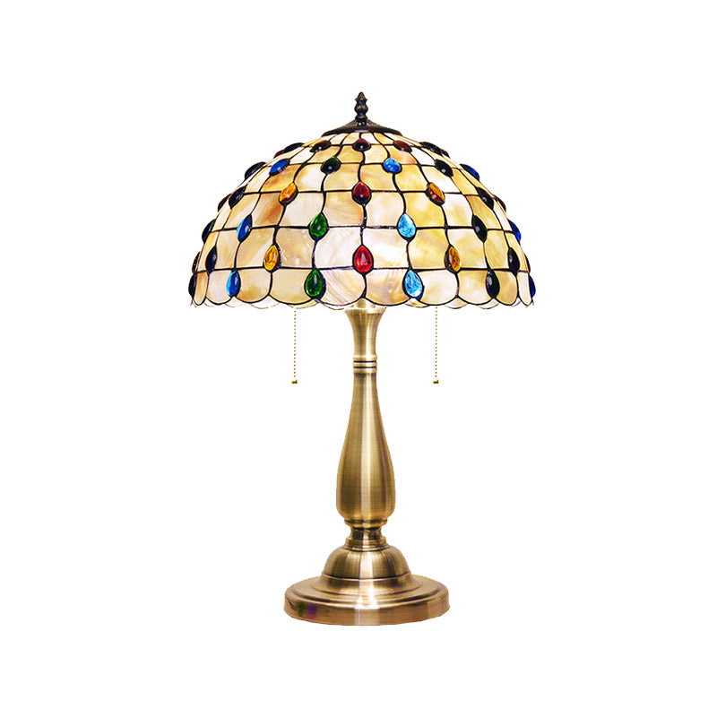 Tiffany Shell Grid Table Lamp - Jewel-Embedded | Gold Pull Chain Bedroom Nightstand Light With 2