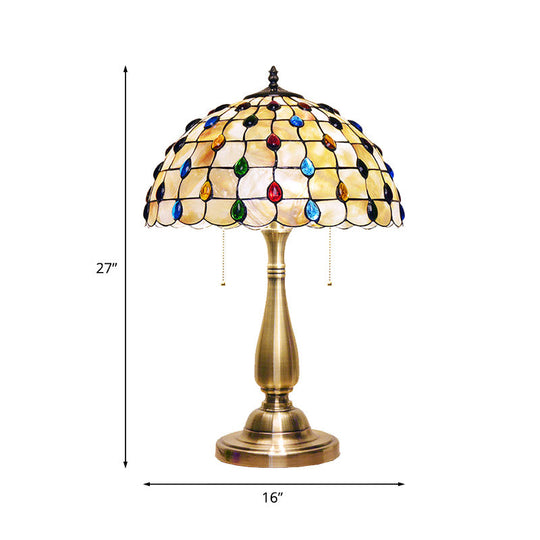 Altais - Gold Jewel-Embedded Grid Table Light Tiffany Shell 2 Bulbs Gold Pull Chain Nightstand Lamp for Bedroom