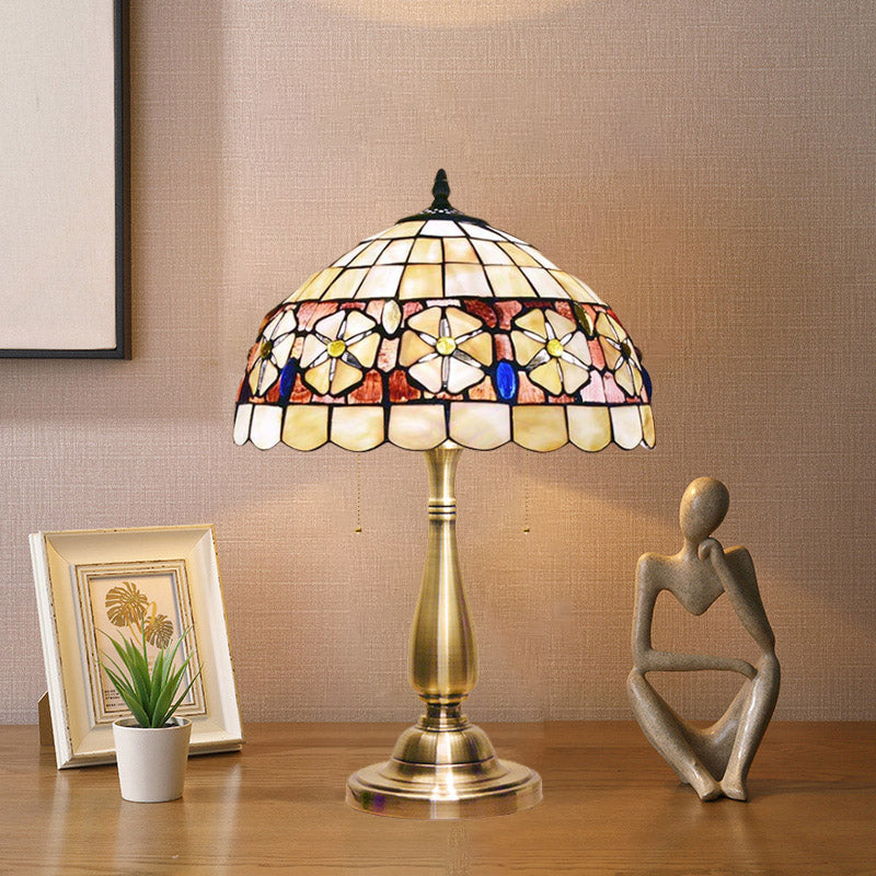 Mediterranean Shell Flower-Belt Table Lamp: 2-Light Brushed Brass Night Stand Light With Pull Chain