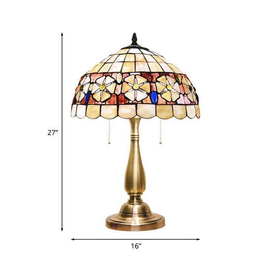 Mediterranean Shell Flower-Belt Table Lamp: 2-Light Brushed Brass Night Stand Light With Pull Chain