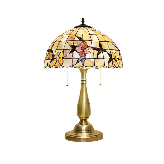 Tiffany Sparrow Pull-Chain Night Light Table Lamp - 2-Head Shell Design In Brushed Brass For Bedside