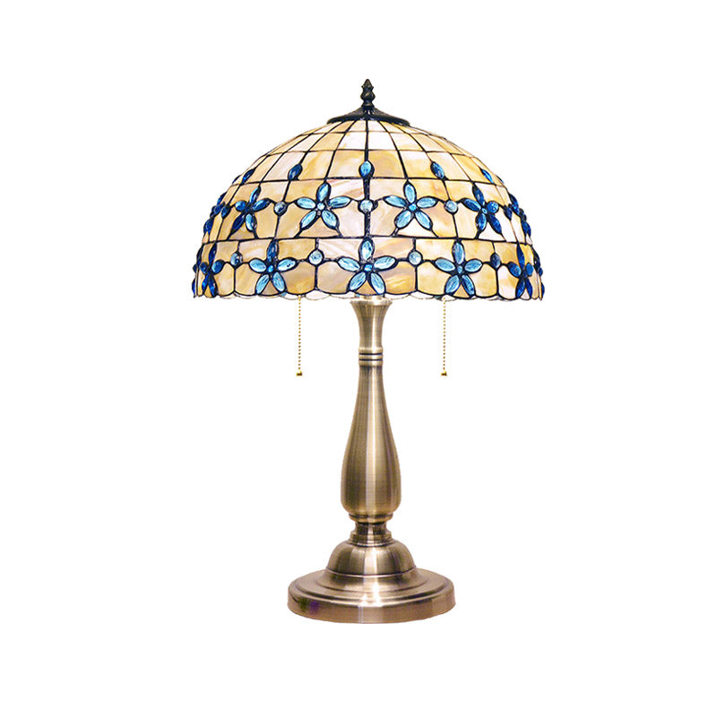 Shell Tiffany-Style Jewel Petals Nightstand Light With Pull Chain - 2 Heads Table Lamp Gold Vase