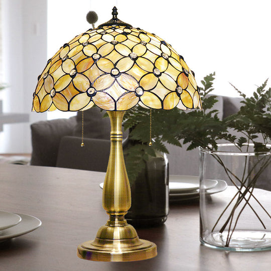 Baroque Gold Pull-Chain Table Lamp With Crisscrossed Flower Shell Shade - Set Of 2 For Living Room