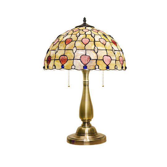 Brushed Gold Table Lamp With Dotted Pattern Bowl Shell 2 Lights Pull Chain For Night Stand