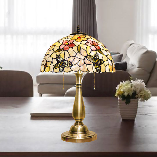 Aria - Shell Shell Brushed Brass Night Light Butterflies and Flower 2 Lights Tiffany Pull Chain Table Lamp