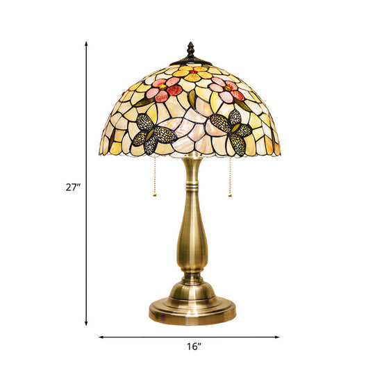 Brass Night Light Tiffany Table Lamp - Shell Brushed With Butterflies And Flower Details 2 Lights