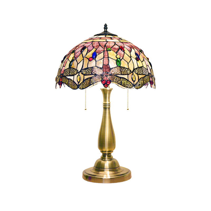 Tiffany Dragonfly Scalloped Dome Shell Night Lamp With Brushed Brass Base - 2 Heads Pull Chain And