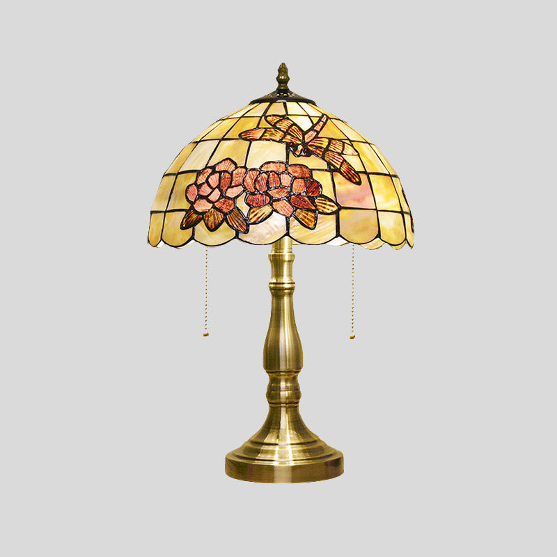 Victoire - Brushed Brass Tiffany Shell Dragonfly on Peony Table Lamp