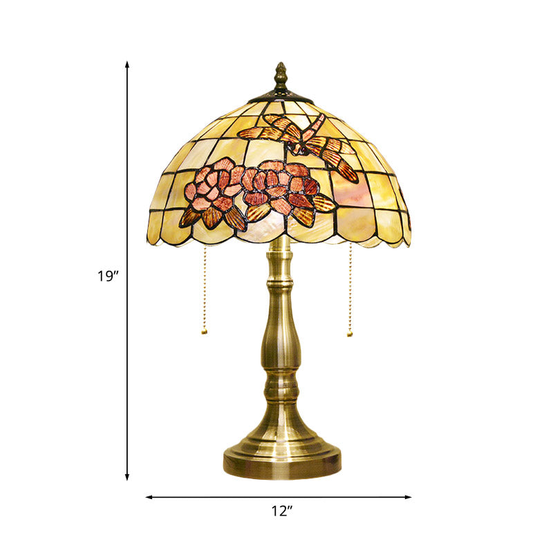 Brass Dragonfly Tiffany Table Lamp: Brushed 2-Bulb Nightstand Light With Pull Chain