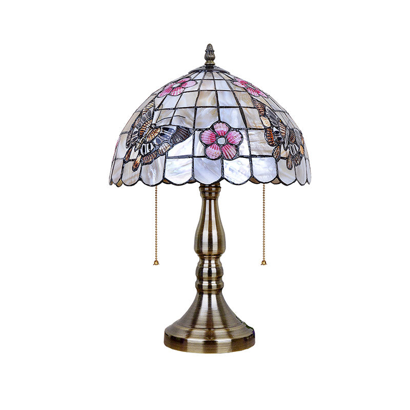 Madeleine - Tiffany Shell Gridded Bowl Night Light Tiffany 2 Heads Brushed Brass Pull-Chain Table Lighting with Butterfly-Flower Pattern