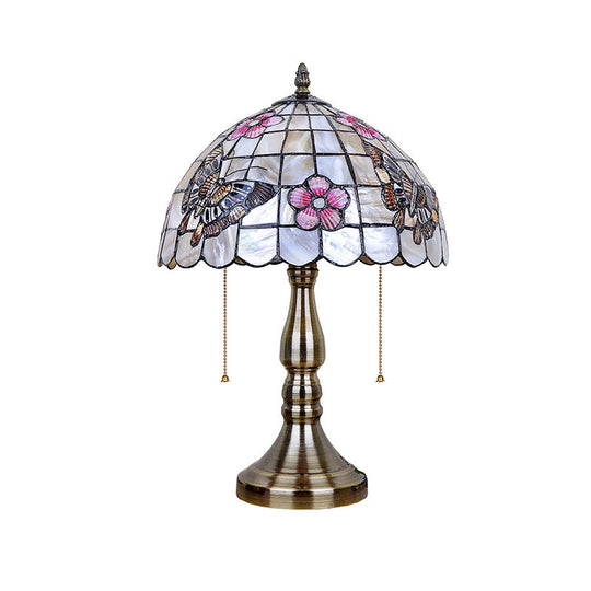 Shell Gridded Bowl Night Light Tiffany Table Lamp With Butterfly-Flower Pattern - Brushed Brass