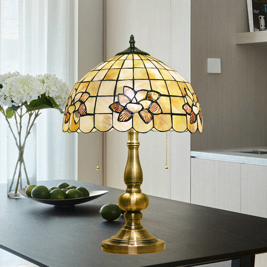 Victorian Style Lotus Blossom Table Lamp - Gridded & 2-Light Shell Design W/ Pull Chain Brushed