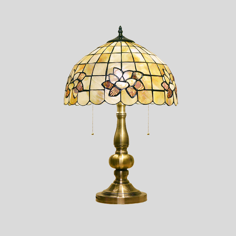 Victorian Style Lotus Blossom Table Lamp - Gridded & 2-Light Shell Design W/ Pull Chain Brushed