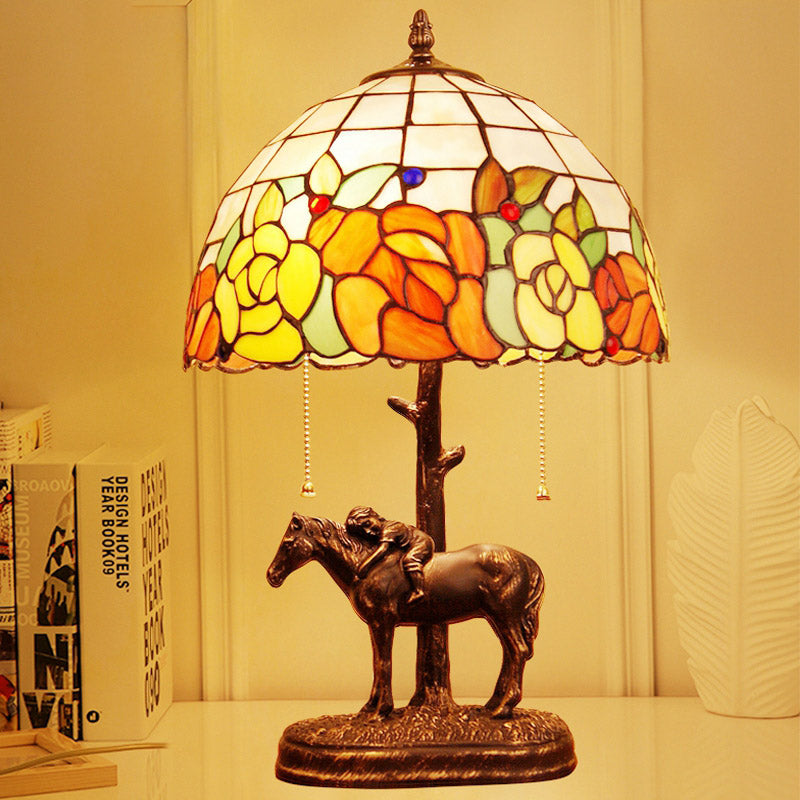 Resin Dark Brown Pull-Chain Night Lamp - Tiffany Table Light With Kid Sleeping On Horseback 2 Bulbs