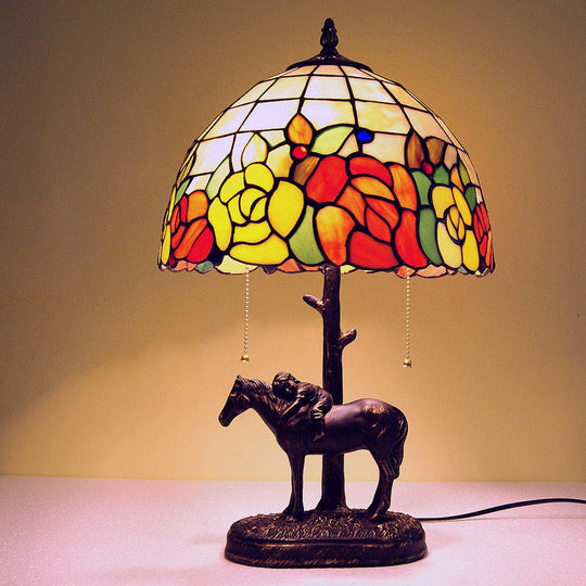 Resin Dark Brown Pull-Chain Night Lamp - Tiffany Table Light With Kid Sleeping On Horseback 2 Bulbs