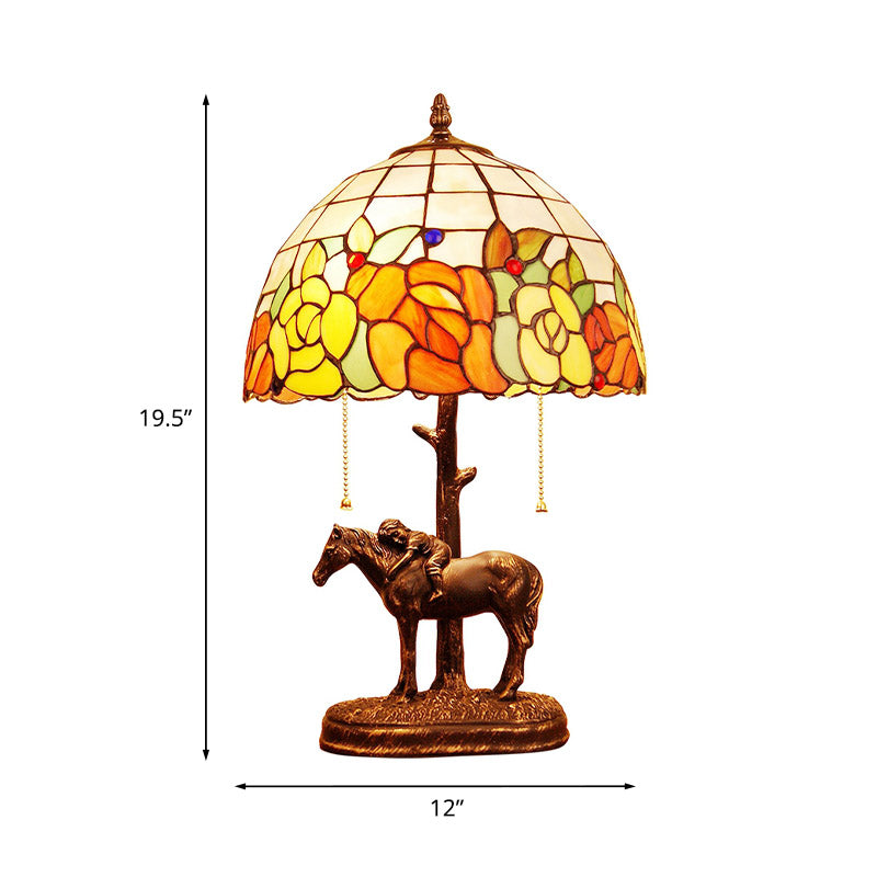 Resin Dark Brown Pull-Chain Night Lamp - Tiffany Table Light With Kid Sleeping On Horseback 2 Bulbs