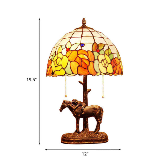 Resin Dark Brown Pull-Chain Night Lamp - Tiffany Table Light With Kid Sleeping On Horseback 2 Bulbs