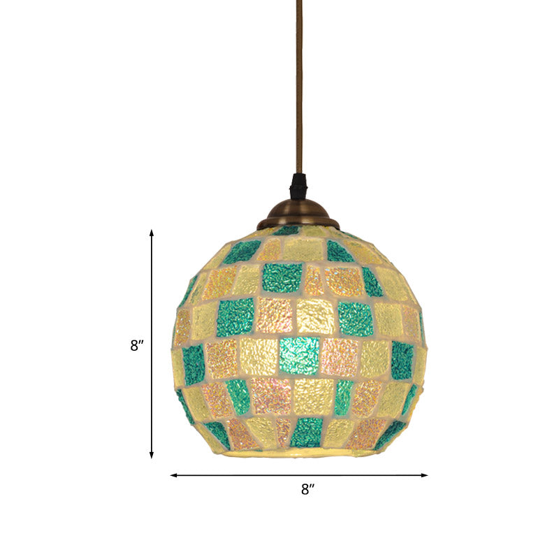 Checkered Globe Pendant Lamp - Tiffany Style, Green and White Glass Hanging Light Fixture