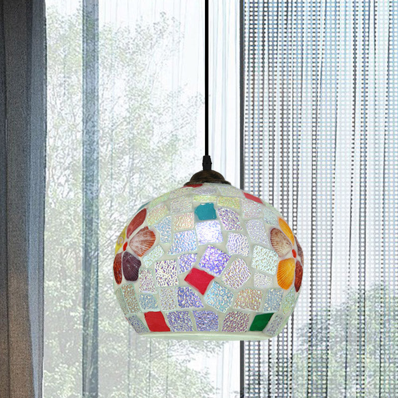 Baroque Stained Glass Tartan Pendant Light With Bronze Finish - 1-Light Sphere Hanging Lamp