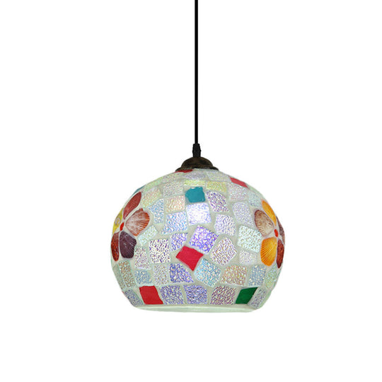 Baroque Stained Glass Tartan Pendant Light With Bronze Finish - 1-Light Sphere Hanging Lamp