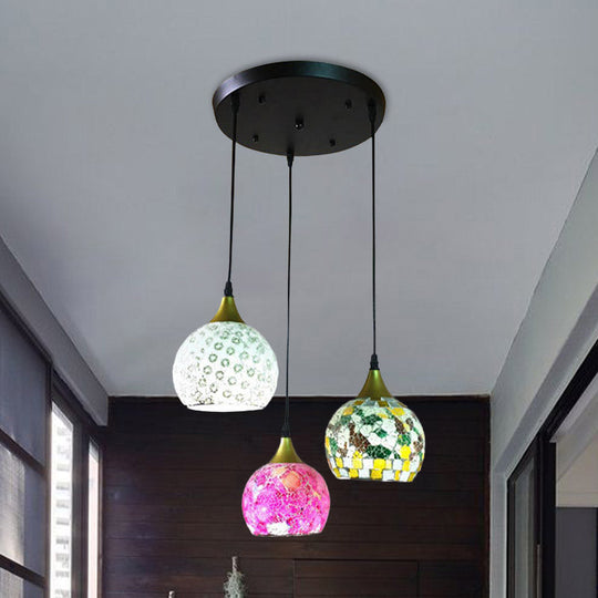 Black Tiffany Stained Glass Cluster Pendant Lamp with 3 Hanging Lights - Dome Design