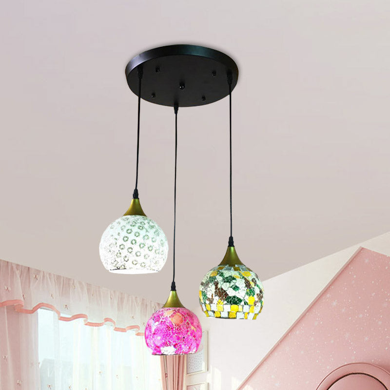 Black Tiffany Stained Glass Cluster Pendant Lamp with 3 Hanging Lights - Dome Design