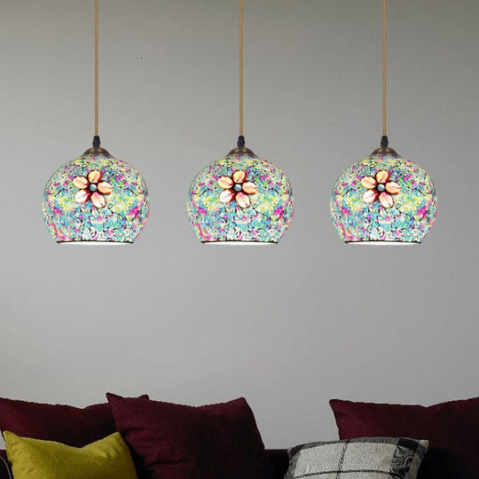 Tiffany Style Multicolored Flower Glass Suspension Lighting - 3 Heads Bronze Finish